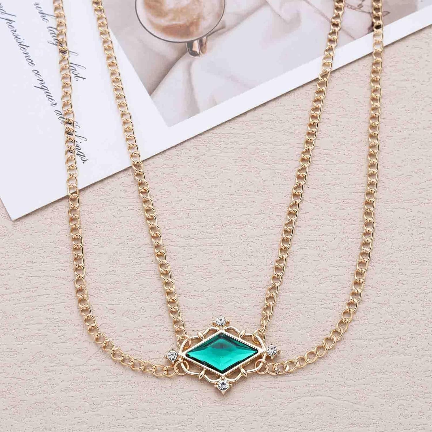 Vintage Layered Emerald Choker Necklace Green Crystal Square Necklace Gold Curb Chain Necklaces Green Cz Pendent Necklaces Chain Tassel Choker Created Emerald Jewelry for Women - Image 6
