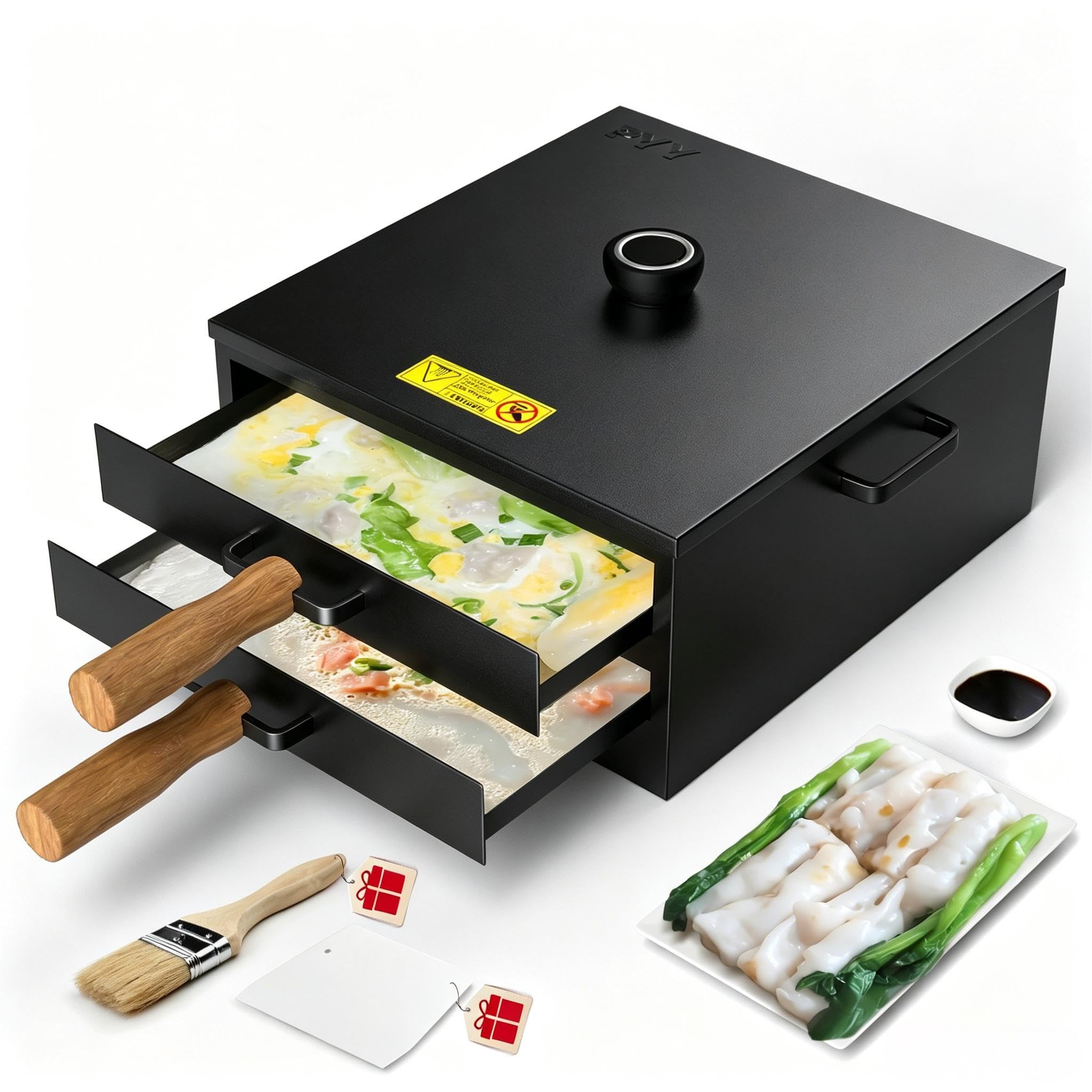 PYY Rice Noodle Roll Steamer Machine - 2 Layers Chinese Cantonese Cheung Fun Changfen Maker for Commercial and Home Use with Extra 304 Stainless Steel Holed Steam Tray and Long Wooden Handle