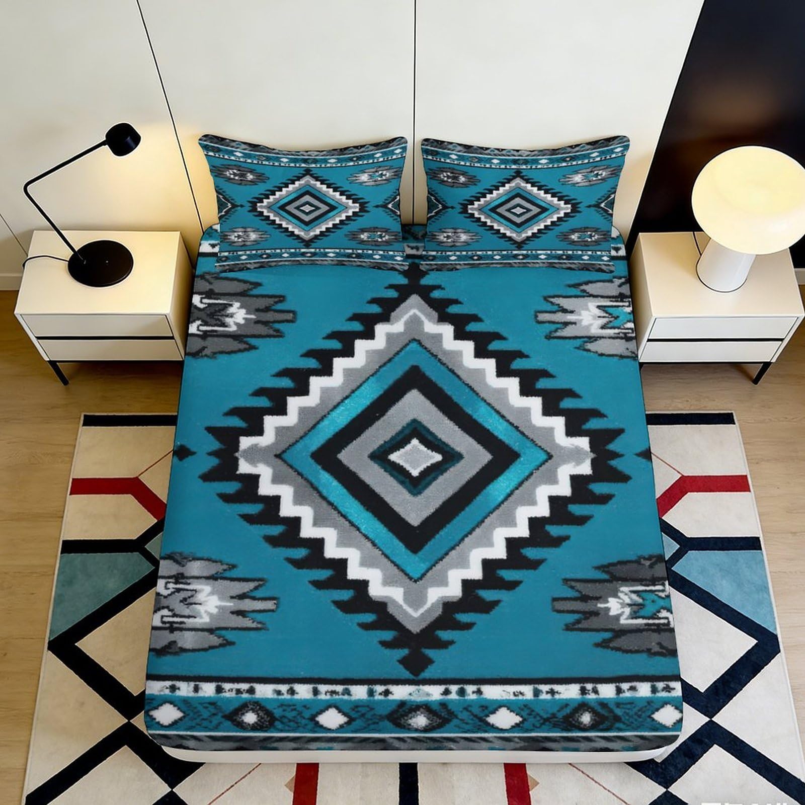 Uynsixtme Style-4 3D Printed Geometric Microfiber Fitted Sheet Non-Slip Deep Pocket Bedroom Bedding Geometric Mattress Fitted Cover Full Wrap Washable 140X200x25cm