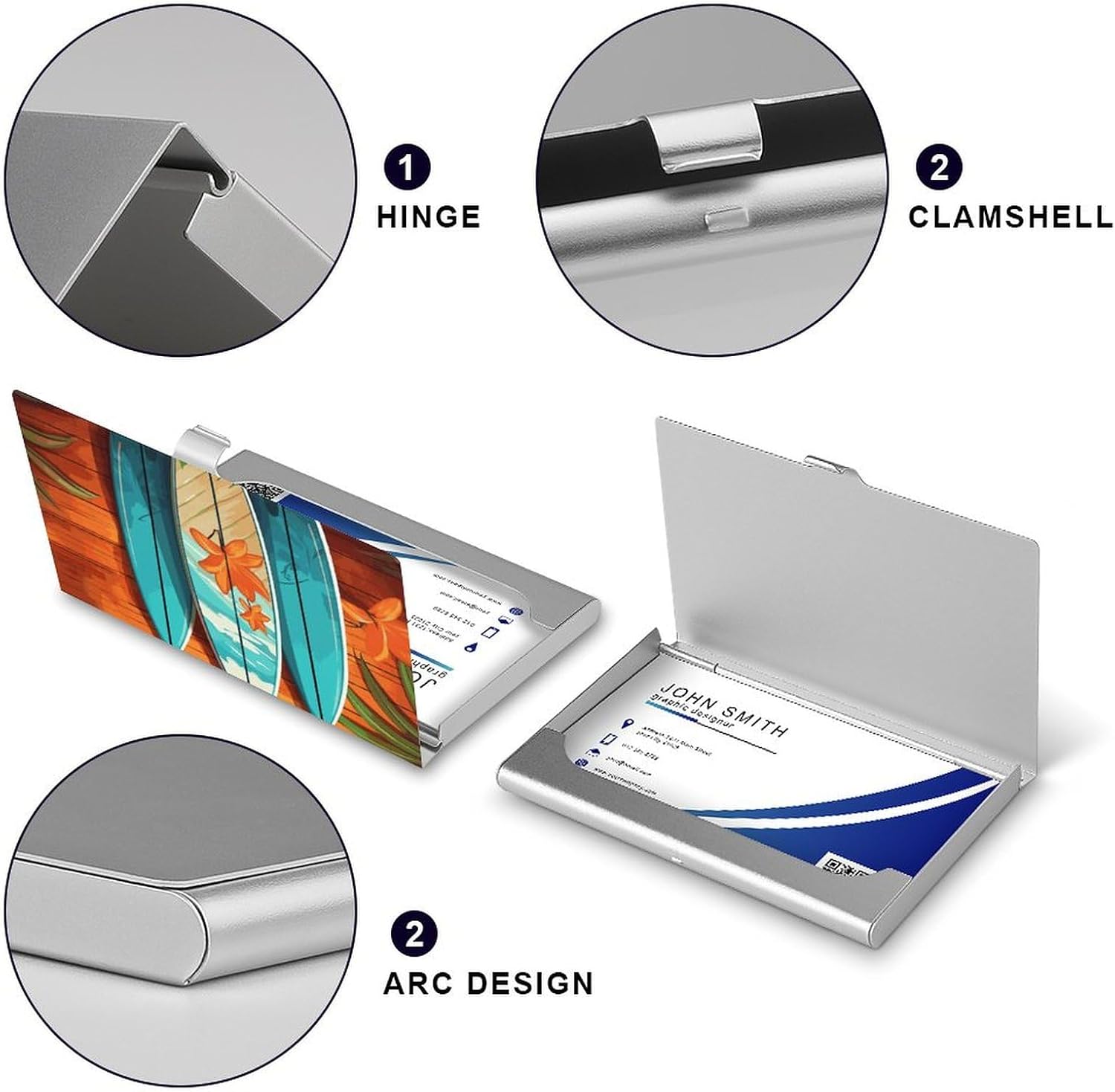 Surfboard on Wooden Business Card Case for Women Or Men Snaps Closed Portable Name Holder Credit Card Holder for Business Meeting Use