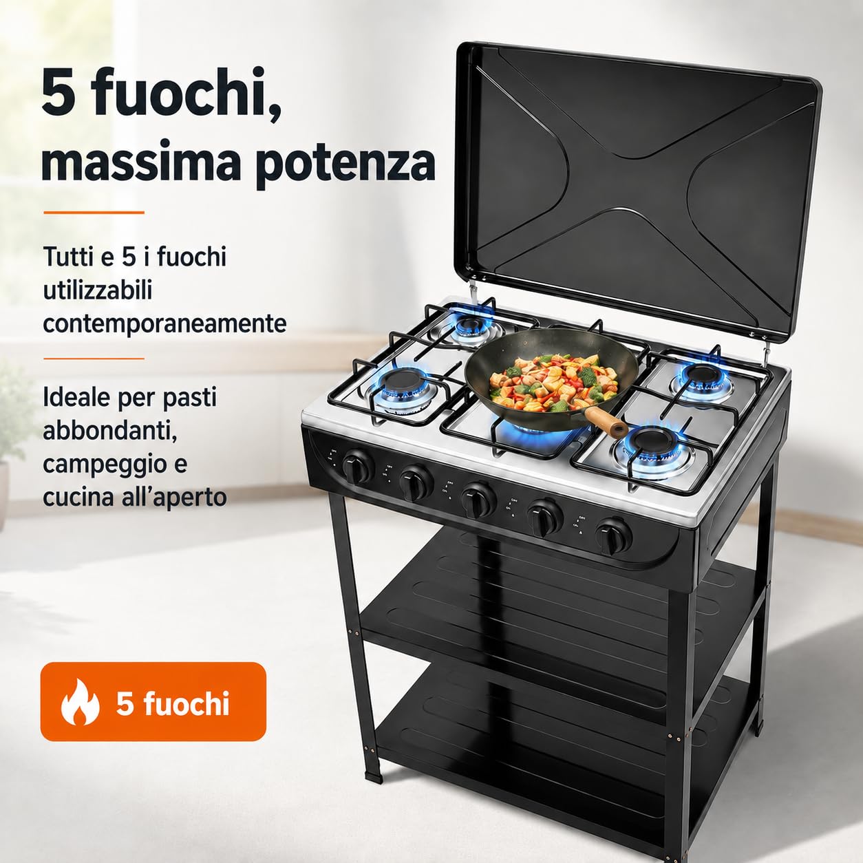 Piano cottura a gas, 5 fuochi, 2,5 kW, portatile, per campeggio e casa