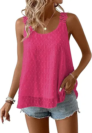 Womens Tank Tops Flowy Sleeveless Summer Boho Tank Top for Women Casual Crewneck Strap Lace Camisole Shirts