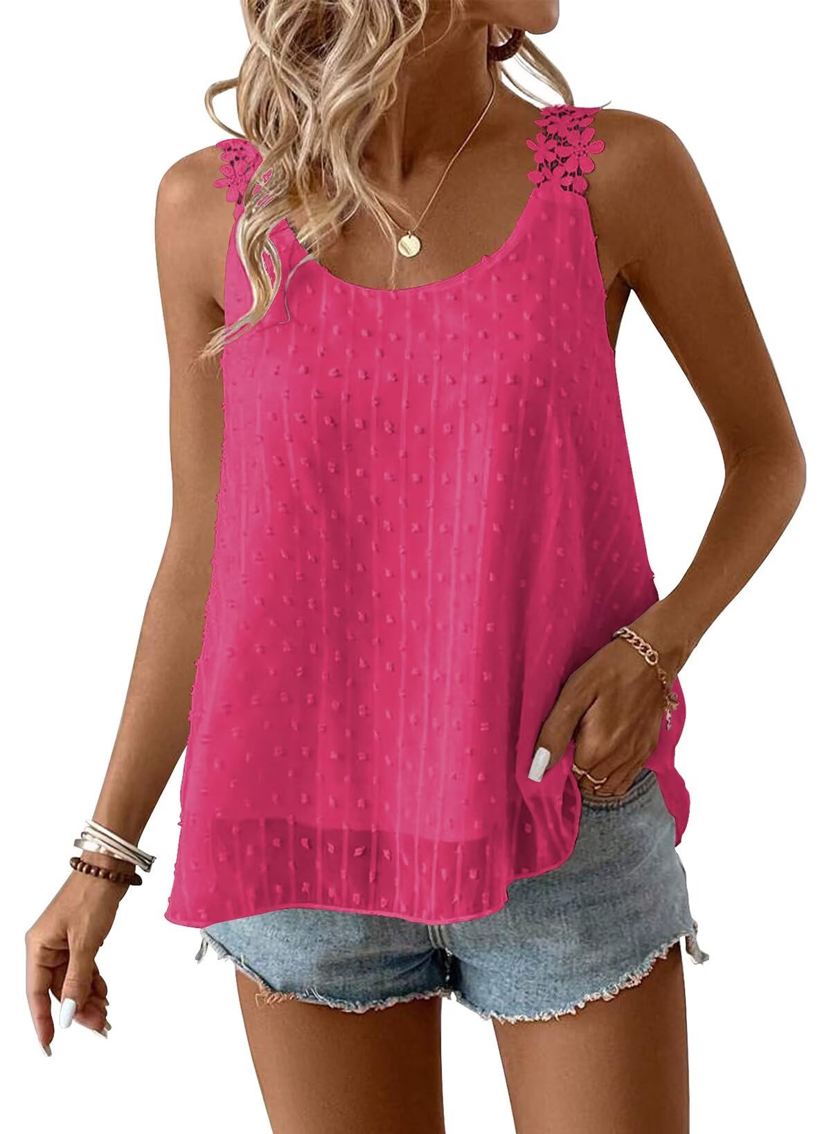Falechay Womens Tank Tops Flowy Sleeveless Summer Boho Tank Top for Women Crewneck Spaghetti Strap Lace Camisole Shirts