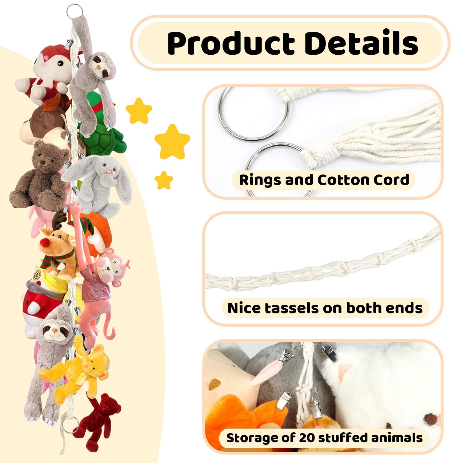 Mezrkuwr Soporte colgante para juguetes de peluche con 20 pinzas de metal, cadena organizadora de peluche, decoración para habitación infantil, para colgar sombreros, calcetines, tarjetas de Navidad
