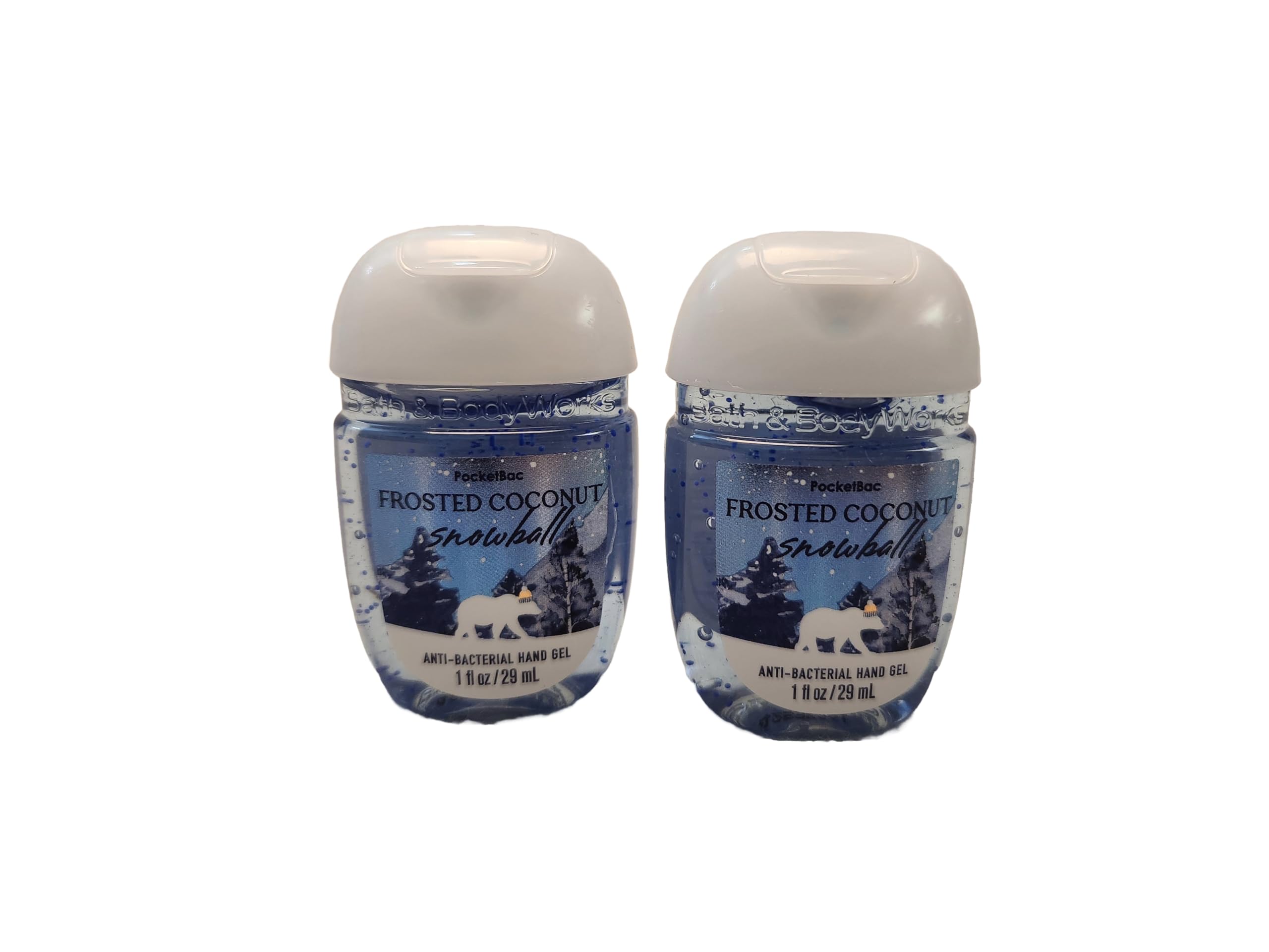 Bath and Body Care - Travel Size Sanitizer - 2 piece Bundle Set Hand Gel - 1 Fl Oz each - Label Artwork Varies (FROSTED COCONUT SNOWBALL)