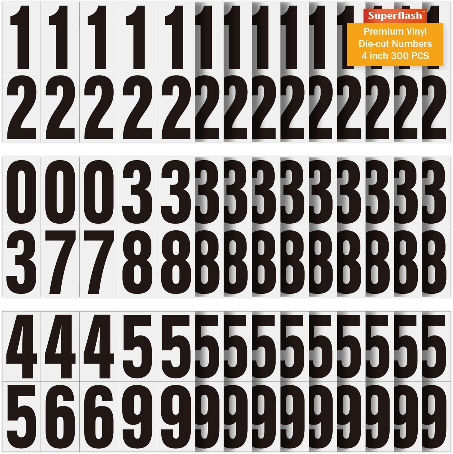 4 Inch Adhesive Numbers for Mailbox, Vinyl Reflective Stickers, Self-Adhesive Decals, Pre-Spaced Signs for Outside, House, Trash Cans, Cars, Door (300 Numbers)
