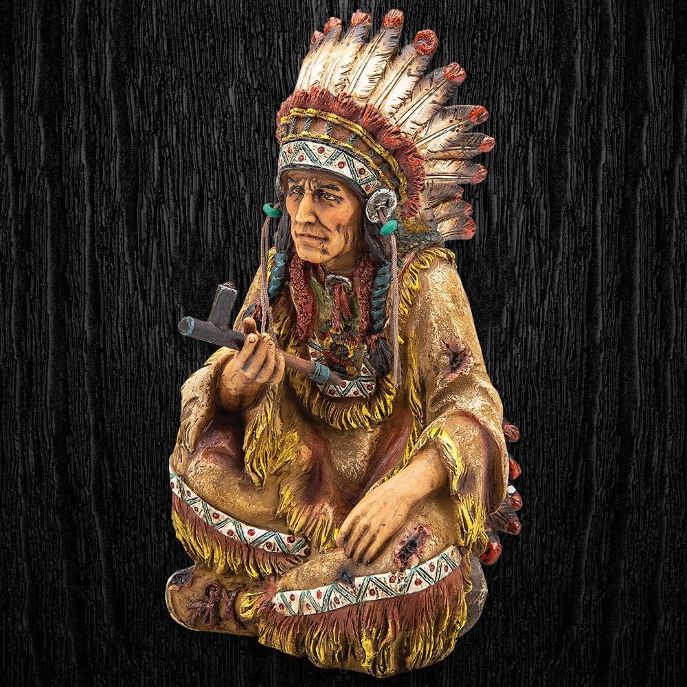 Native American Figurines - Chief with Peace Pipe | American Indian Decor Sculpture | Rustic Decorations for Home | Polyresin Crafted & Hand-Painted Statue | 7 3/4" x 3 3/4" x 5 1/4"