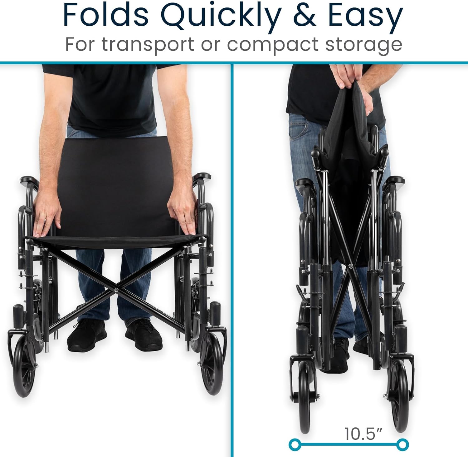 Sequence showing the Vive Mobility Bariatric Transport Wheelchair being folded for storage