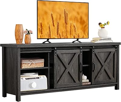 HOMFAMILIA Farmhouse TV Stand for 65 Inch, Rustic Entertainment Center Media Console Table With Sliding Door for Living Room, Grey Barn Door With Storage and Adjustable Shelves