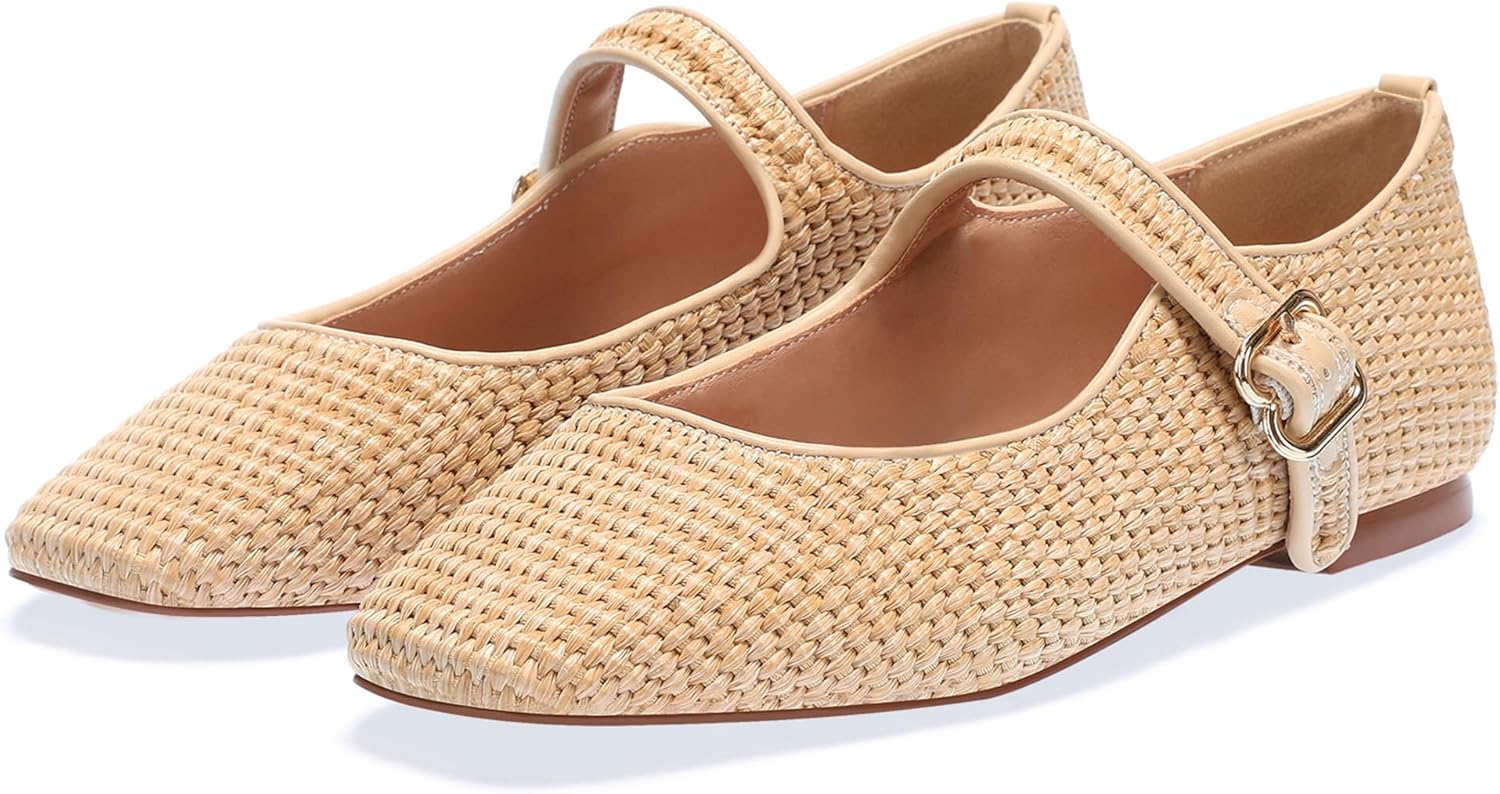 Raffia Mary Jane Flats Women, Woven Ballet Flats with Strap Closed Square Toe Flat Shoes for Daily Casual Dress