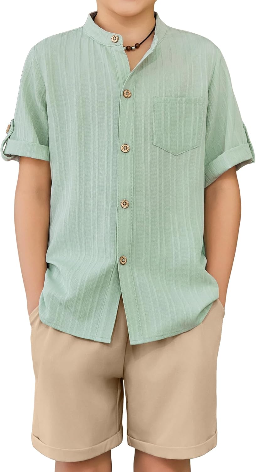 Arshiner Boy’s 2 Piece Beach Outfit Short Sleeve Textured Button Down Shirt and Short Sets Summer Vacation Wear 4-12 Years
