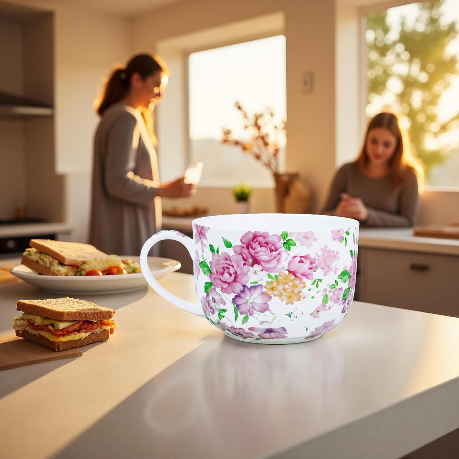 25 Ounce Bone China Soup Bowls with Handles Large Soup Mug for Coffee Cereal Oatmeal Latte Flora Soup Bowl Bone China Soup Cup Microwave Safe (Pink Floral) - Image 3