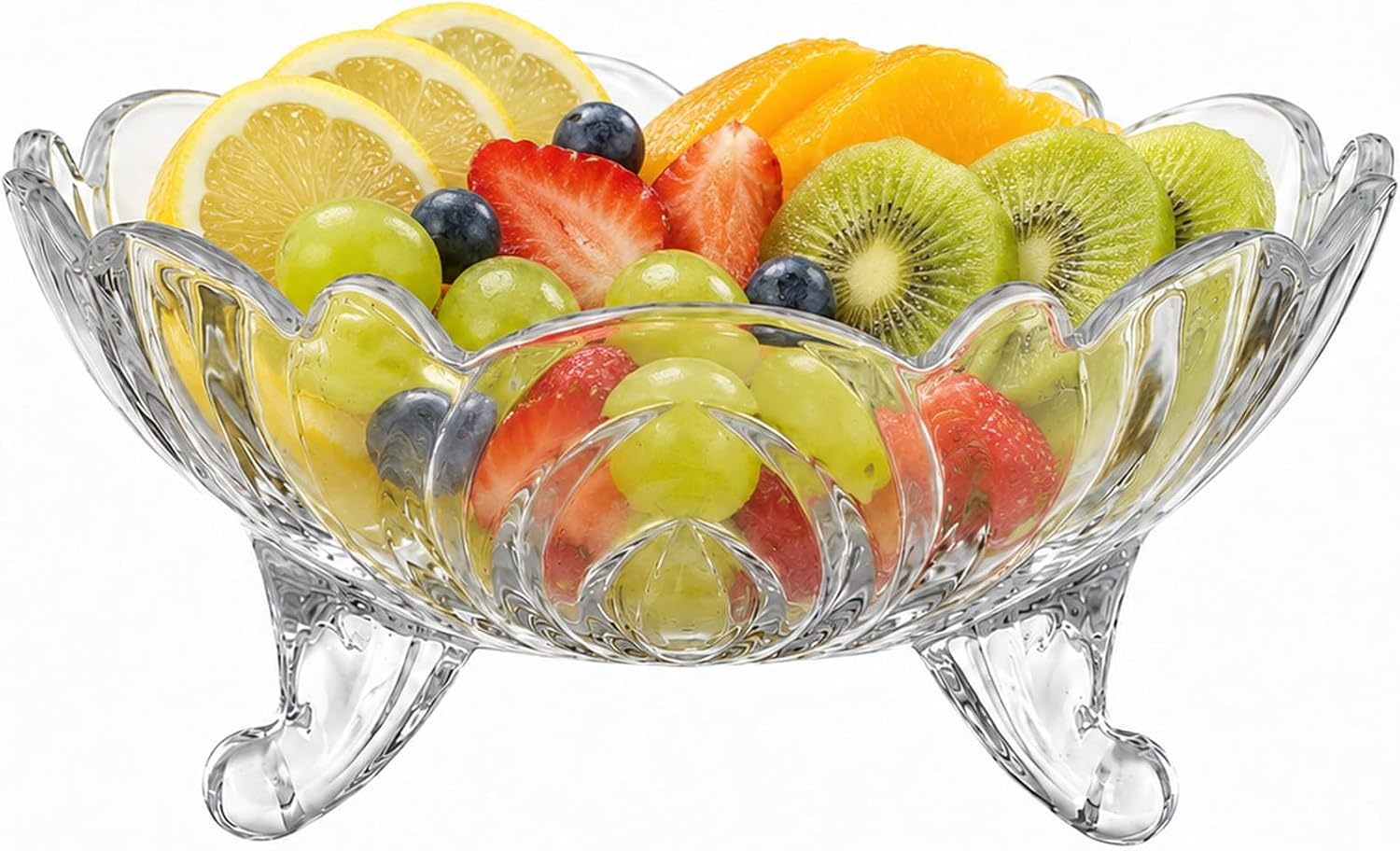 Clear Glass Fruit Bowl, Large Capacity Decorative Serving Bowl with Pedestal Stand, Embossed Art Design, Sturdy Three-Leg Centerpiece for Fruits, Nuts, Snacks, Keys, or Home Décor