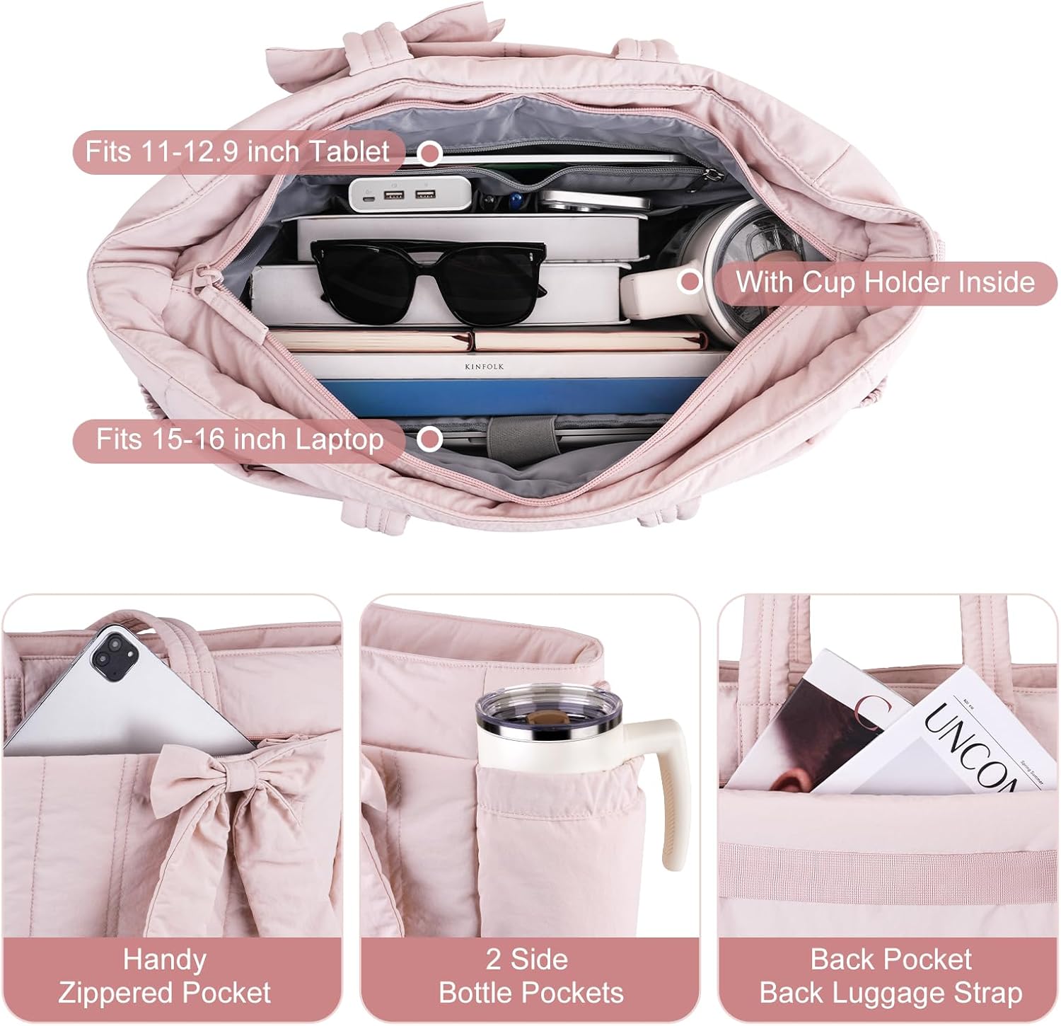 MOSISO Bow Tote Bag for Women, Laptop Bags Handbag Work Tote Bag with Cup Holder & 15-16 inch Laptop Compartment for Travel Work School, Lightweight Puffer Tote Bags with Trolley Sleeve, Pink