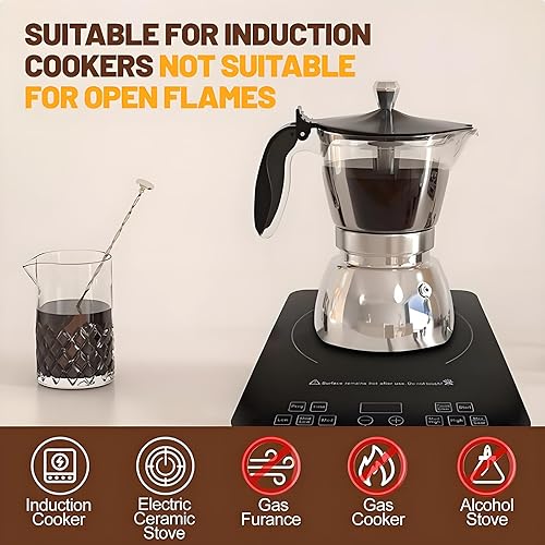 Miniatura 4 de Olla de plástico transparente de 6 tazas de acero inoxidable sin recubrimiento, cafetera italiana, cafetera moca greca, cafetera clásica de