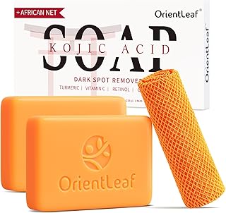 Kojic Acid Soap with African Sponge Net, 4oz Turmeric Soap Bar, Fresh Citrus Scent, Gentle for Face and Body Wash with Vitamin C, Retinol (2 Pack)
