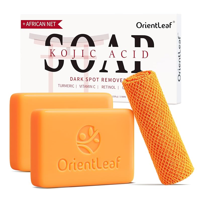 Barra de sabonete ORIENTLEAF com ácido kójico e cúrcuma, fragrância cítrica, com esponja africana — Pacote com 2