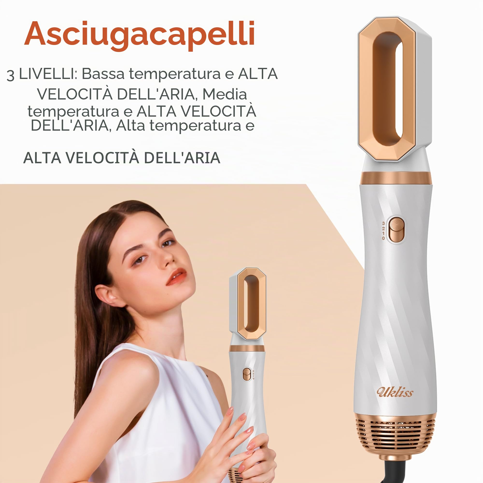 UKLISS Airstyler 6 in 1, Spazzola Asciugacapelli Professionale Set con Arricciacapelli Automatico, Spazzola Lisciante per Capelli, Thermal Brush, Multistyler Regali Set per Donne Styling - Bianco
