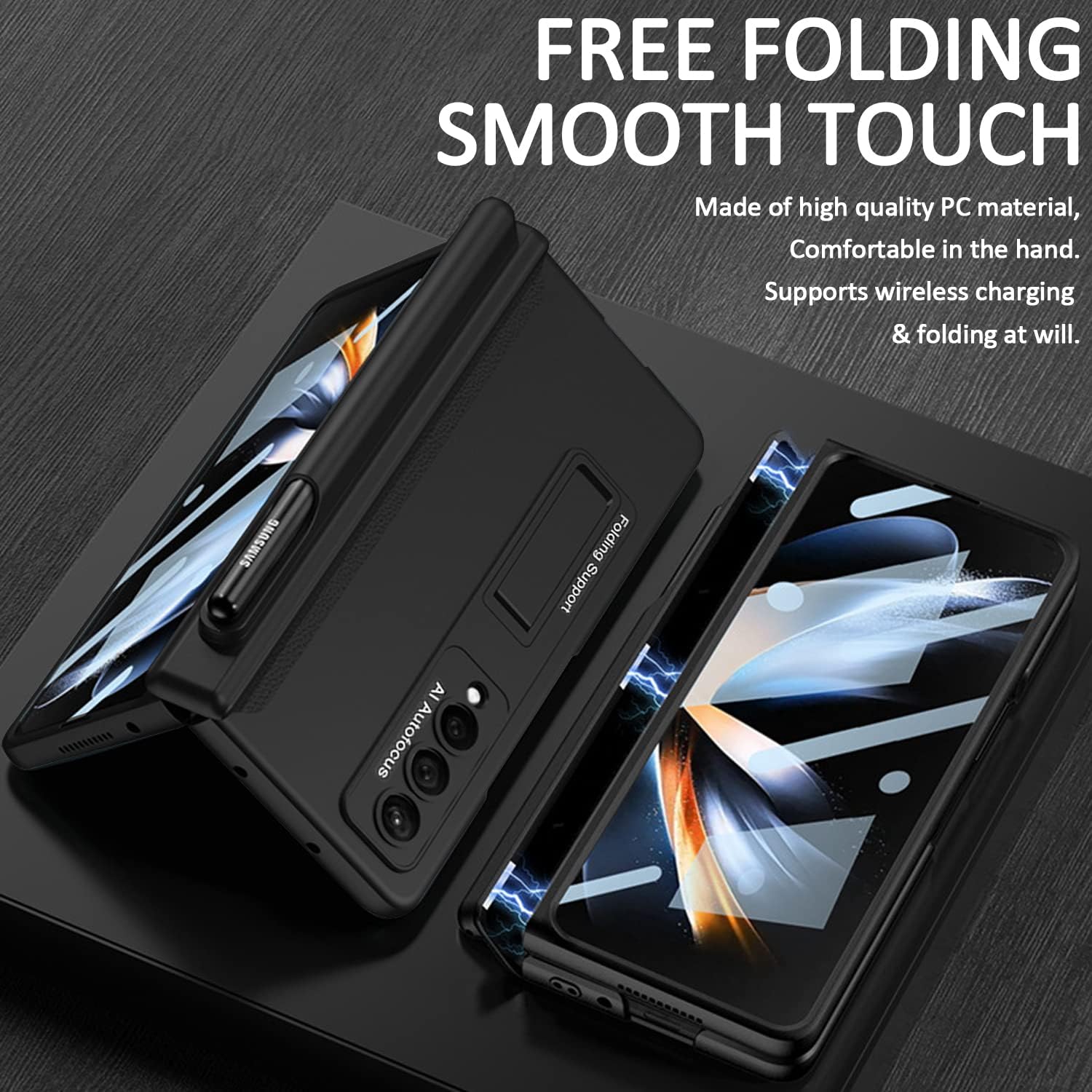 Miimall for Samsung Galaxy Z Fold 4 Case with Pen Holder, Fold 4 Case with Pen Holder & Screen Protector & Adjustable Kickstand & All-Inclusive Hinge Protective Case for Galaxy Z Fold 4 5G (Black)