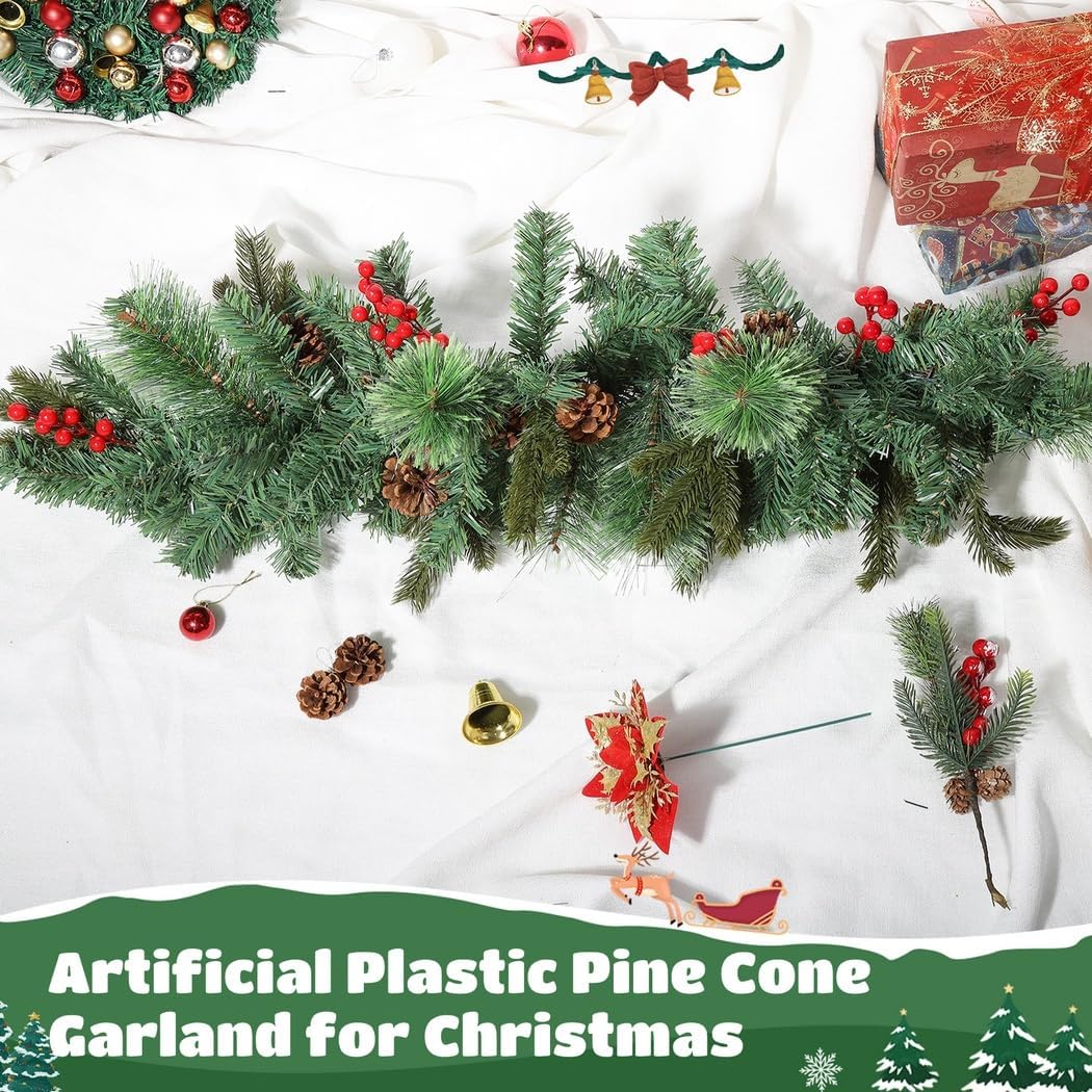 Lighted 35 Pine Cone Mailbox Garland With 20 Leds, Christmas Swag With Red Berries & Pine Needles, Winter Decor For Mailboxes