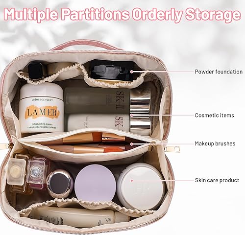 Miniatura 5 de VVABELLI Bolsa de maquillaje  Bolsa de cosméticos de viaje de gran capacidad, portátil de cuero impermeable, bolsa de maquillaje de viaje para