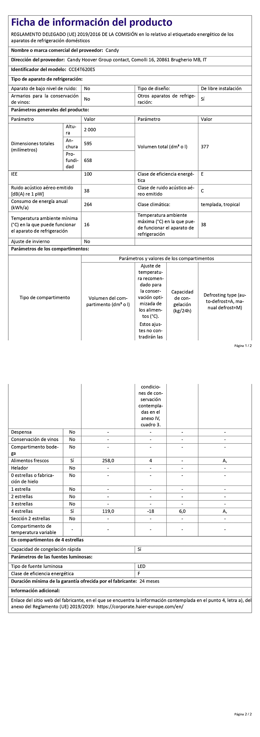 Candy Fresco CCE4T620ES, Frigorífico Combi, 60CM, Altura 2m, 377L, Total No Frost Circle+, Conectividad Wifi, Cajón Verdulero, Control Interno, LED, Puertas Reversibles, 39DB, Clase E, Silver