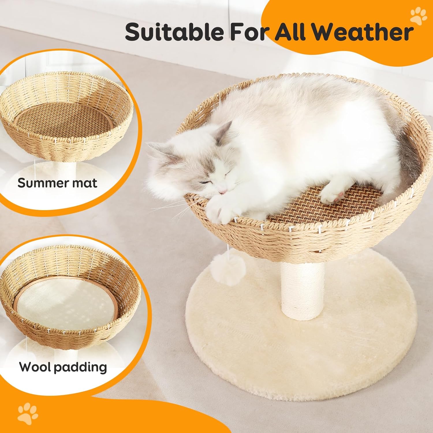 Cat Tree Tower,Handwoven Large Nest,Woven Rattan Cat Condo, Cat Bed,Suitable for Cats Weighing Up to 20 Pounds