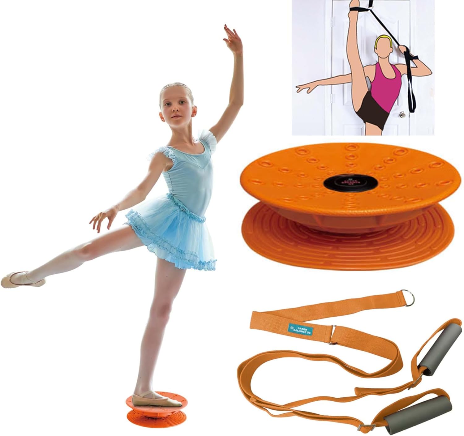 Dance, Cheerleading and Figureskating Trainer Stretching and Balance, 2 Pc. Set, Stretching, Disc Core Board and Flexibility Equipment Strap for Dance, Gymnastics, Turning, Stunt