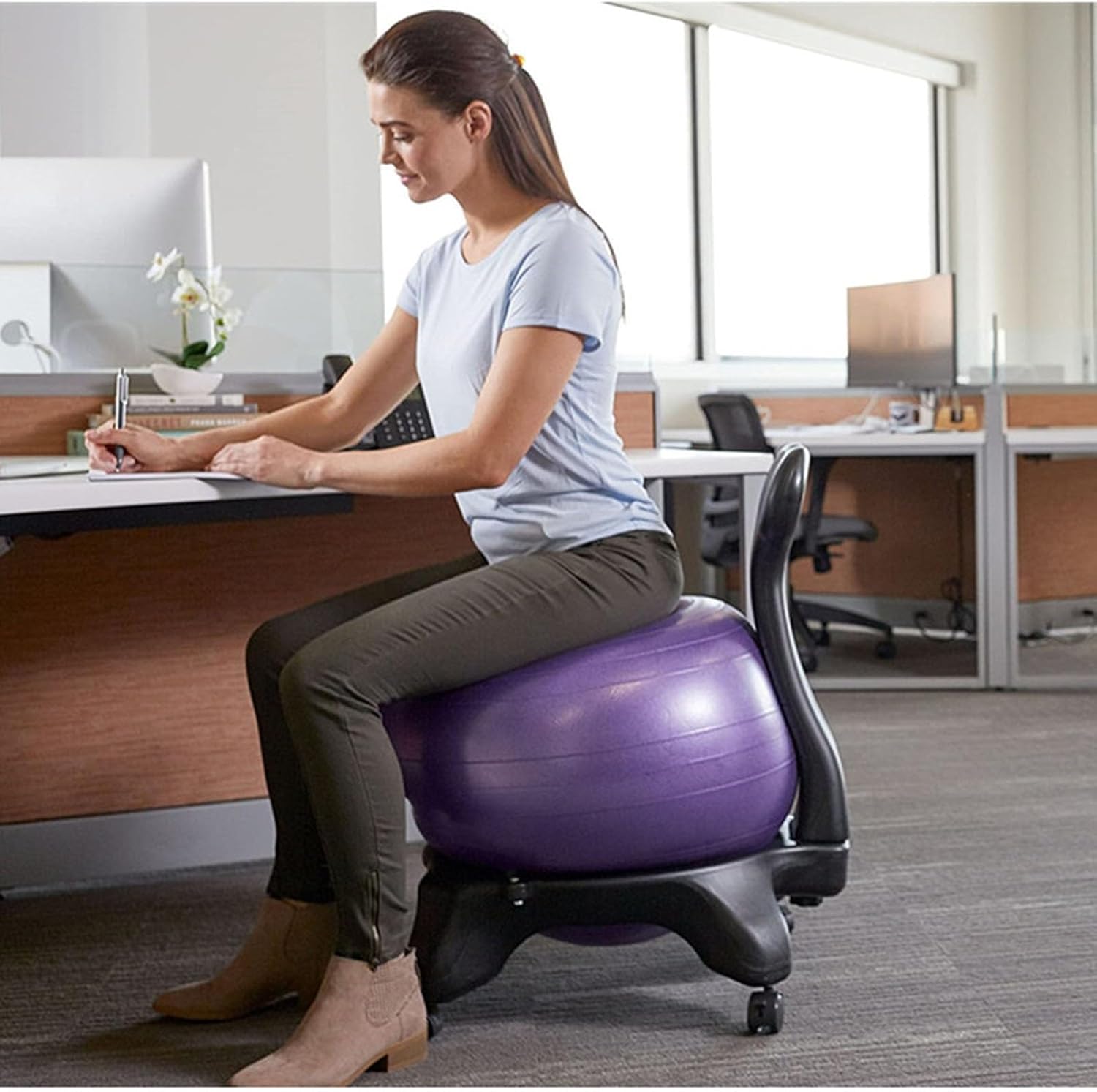 Purple Yoga Ball Chair Inflatable Ergonomic Active Seating Exercise Balance Ball Chair with Air Pump for Home, Office and Classroom