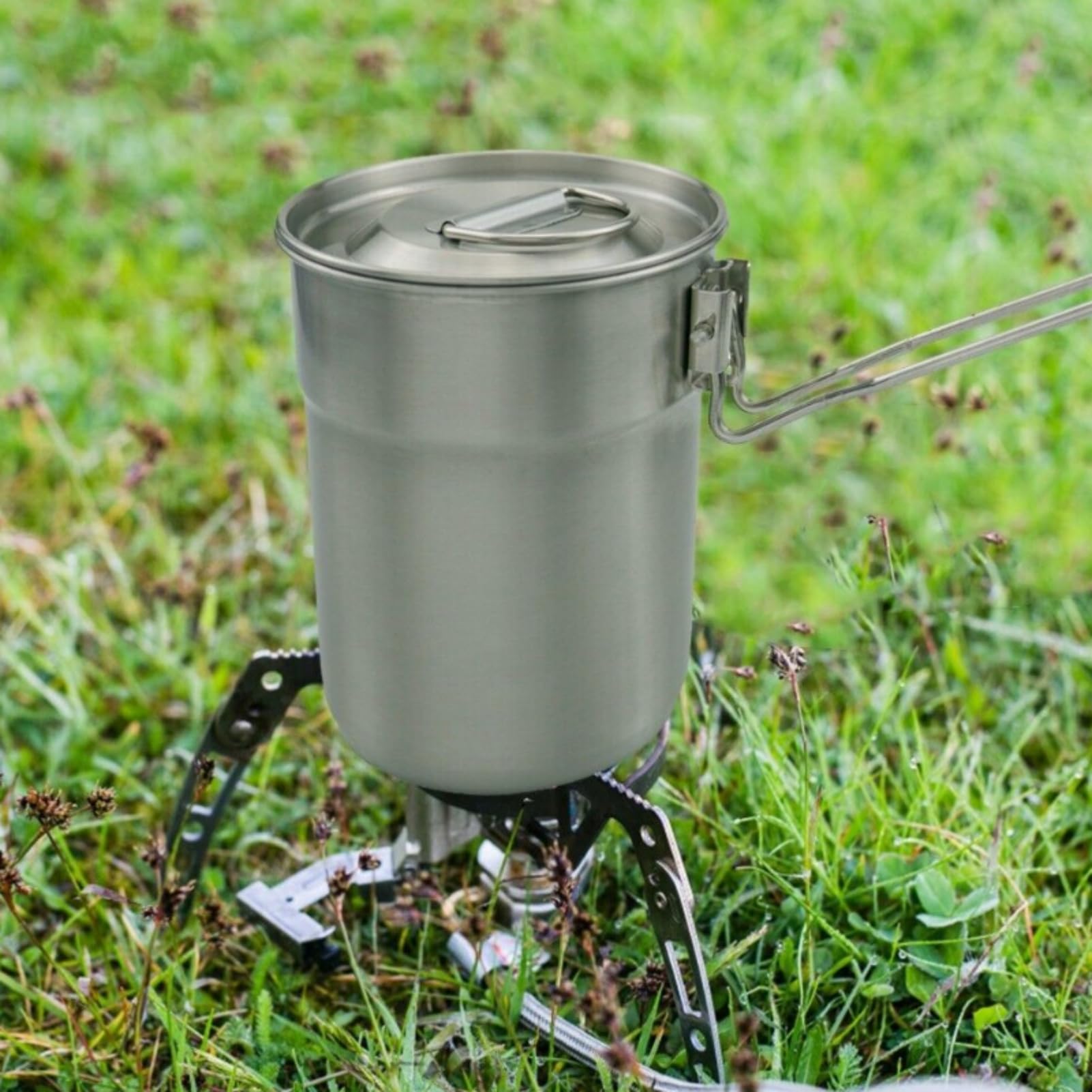 Camping Topf Deckel und Faltbarem Griff 1L Tragbarer Picknickherd | Kochtopf für Gaskocher Edelstahl Kochgeschirr Faltbar Tasse Mit Klappgriffen Picknick Wandern Rucksack Tragbarer Picknickherd