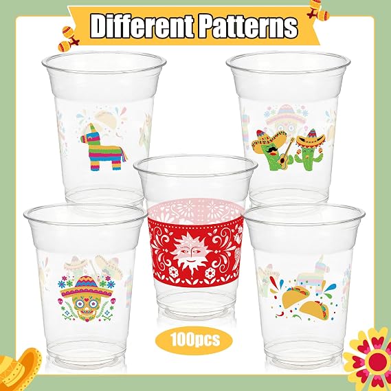 100Pcs Fiesta Cups,12 OZ Plastic Disposable Clear Mexican Cups for Cinco De Mayo Drinkware Party Supplies Fiesta Taco Birthday Party Decorations, 5 Designs