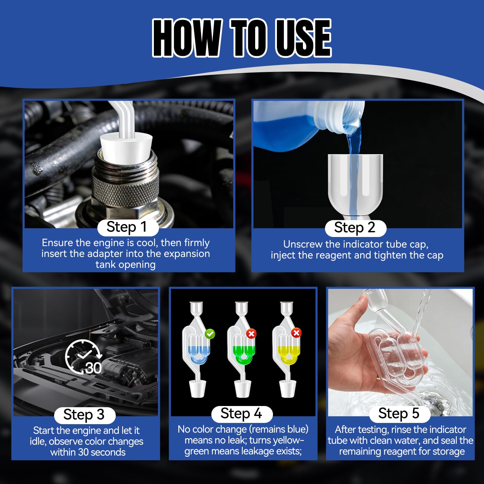 Tester di Guarnizione a Testa Cilindrica,Tester per Guarnizione Testata CO2,Test Guarnizione Testata Bruciata,Diagnostica Rapida Precisa,Kit Universale Rilevatore di Perdite CO₂ per Auto e Moto 100ml