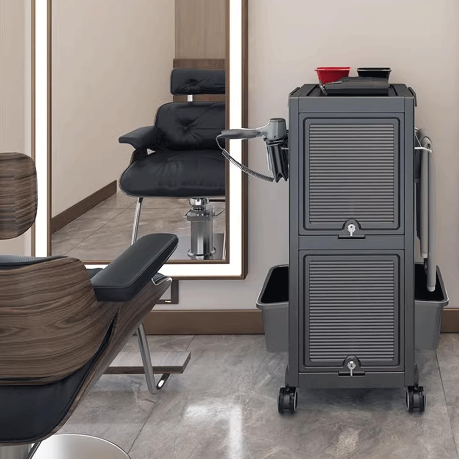 Wózek na kółkach do salonu – zamykany wózek narzędziowy z funkcjonalną przegrodą dla fryzjerów i spa, niezbędny mobilny schowek na stacje salonowe