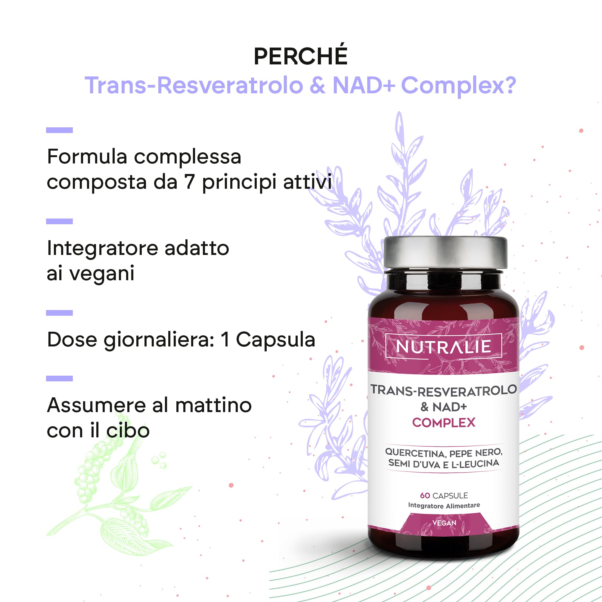 Trans Resveratrolo NAD+ 686mg Complex - Quercetina Piperina Semi d'Uva (OPC) L-Leucina - Integratore Resveratrolo - 60 Capsule Nutralie