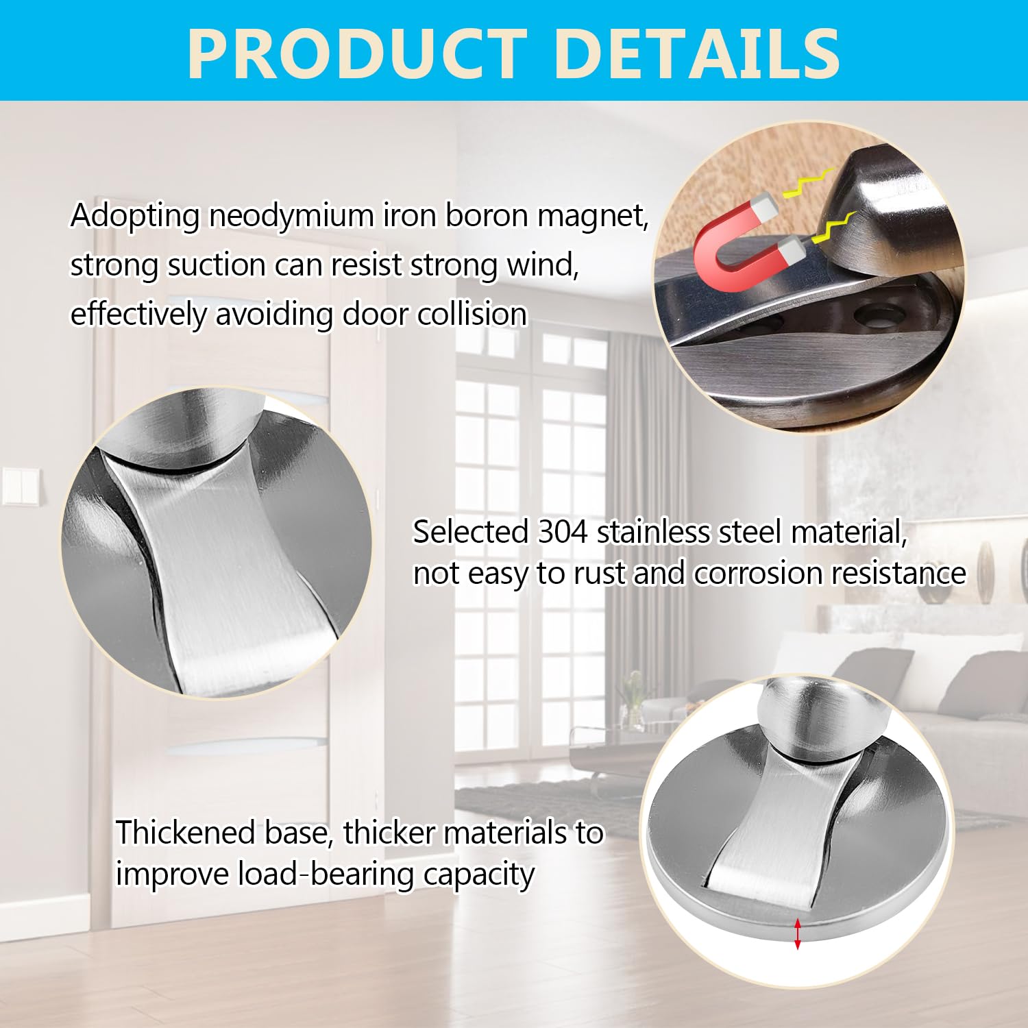 Fermaporta Magnetico In Acciaio | 4 Pezzi Con Adesivi E Viti | Proteggi Porte E Pareti - Foto 5