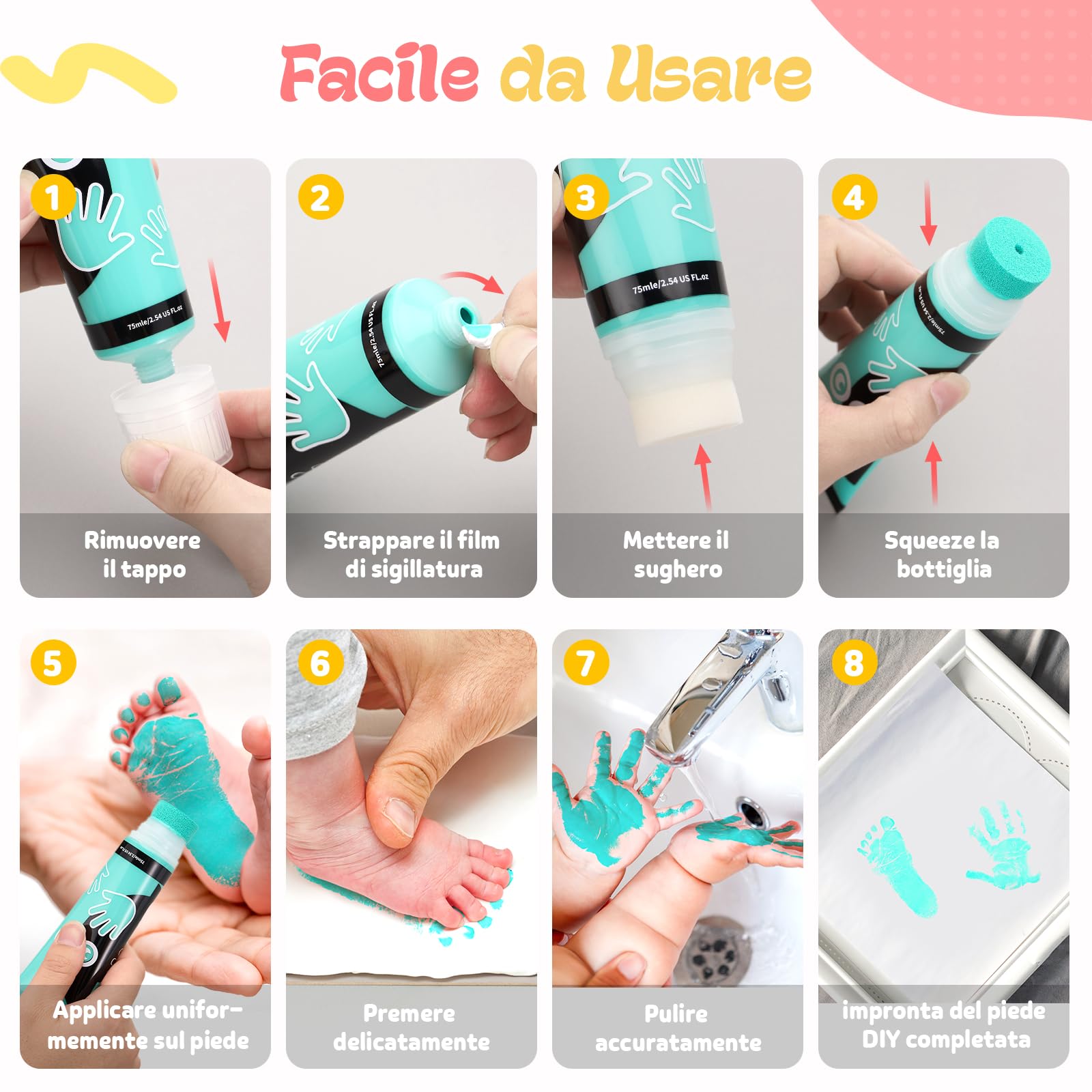 Taricor 75ml Kit Impronte Neonato, kit impronta cane Con Attacco Spugna, Inchiostro Impronta Neonato per Regalo Battesimo Bimbo, Artigianato Familiare, Regalo di Natale (Verde Menta da 75ml)