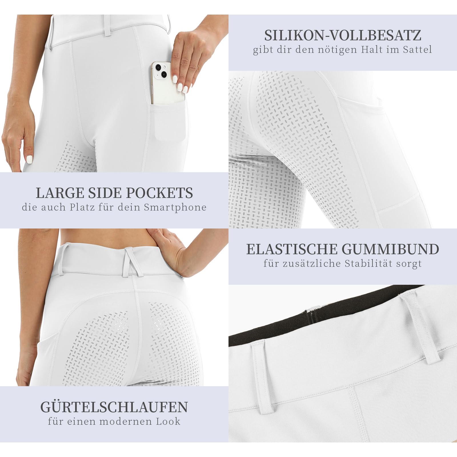 Leggings de equitación para mujer, ribete completo con bolsillo para el teléfono móvil, cintura alta, pantalones de equitación para mujer y niña, elásticos, con trabillas
