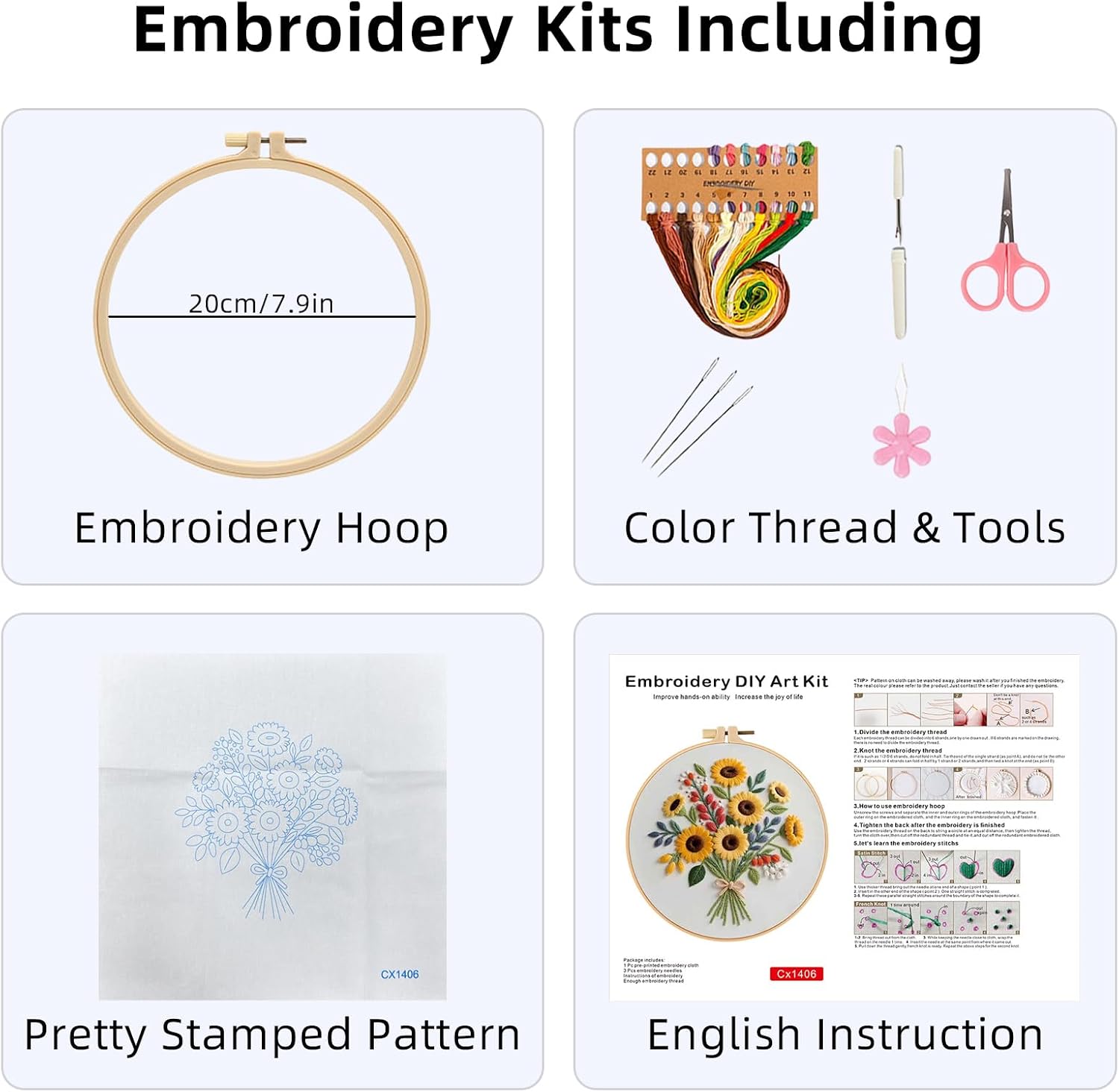 Herdiese Embroidery Kit for Beginners with Flower Pattern – Stamped Cross Stitch Kit Including Fabric, Hoop, Threads, Needles & Instructions – Complete DIY Hand Sewing Craft Set