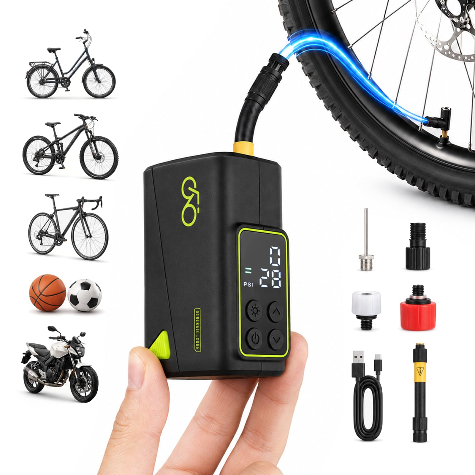 150PSI Mini Bicycle Pump with Autostop & LED Light - EPERSU Battery Compressor Portable, Precise Pressure Preset Electric Air Pump for E-Bikes, Mountain Bikes, City Bicycles & Balls, LCD Display, USB