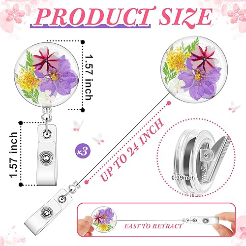 Miniatura 3 de Epakh 3 piezas de carrete de insignia de flor, práctico carrete de insignia de enfermera, regalos retráctiles, soportes retráctiles de flores secas