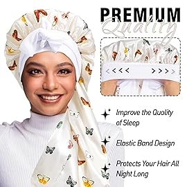 2Pcs Bonnets for Black Women Braid Bonnet, Large Long Satin Bonnet for Braids, Silk Bonnet with Stretchy Tie Band Sleep Cap Hair (2Pcs-Black-Silver Pattern)