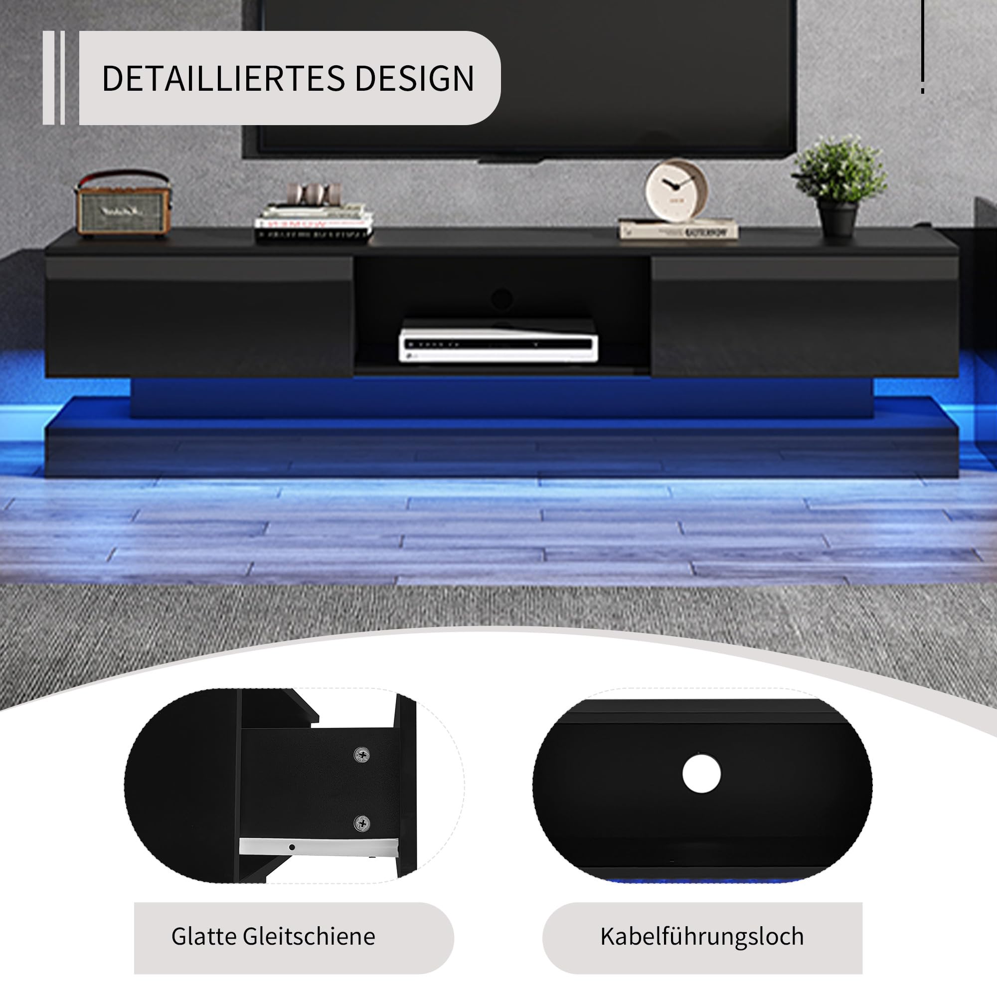 Mobile TV lucido con illuminazione a LED porta TV 2 cassetti controllo app design antiribaltamento credenza bassa per TV fino a 60 pollici mobile TV per soggiorno pannello TV nero 160 cm