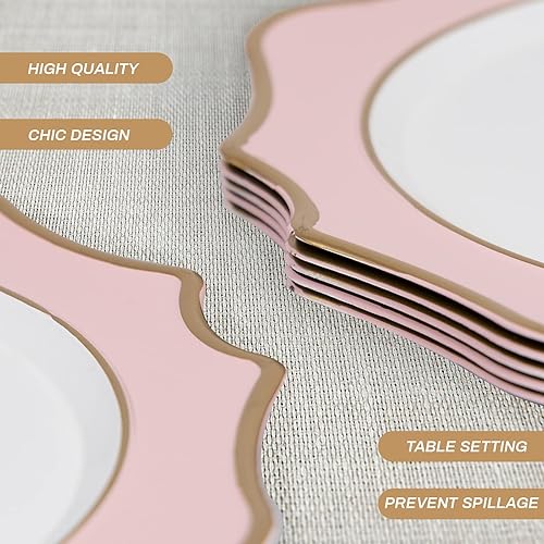 Miniatura 5 de MAONAME Juego de 6 platos de carga rosados de 13 pulgadas, cargadores redondos para platos llanos, cargadores de placa festoneada con borde dorado,