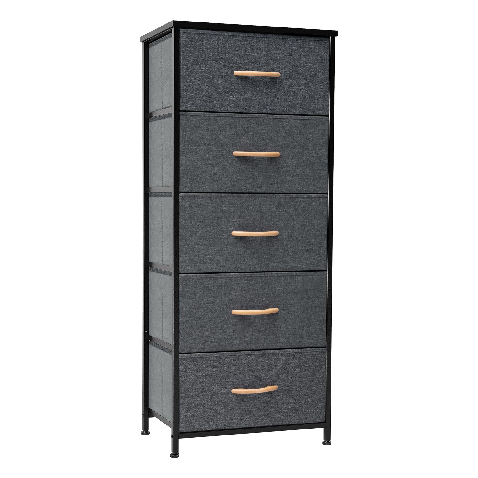Crestlive Products Vertical Dresser Storage Tower - Sturdy Steel Frame, Wood Top, Easy Pull Fabric Bins - Organizer Unit for Bedroom, Hallway, Entryway, Closets - 5 Drawers(Brown)