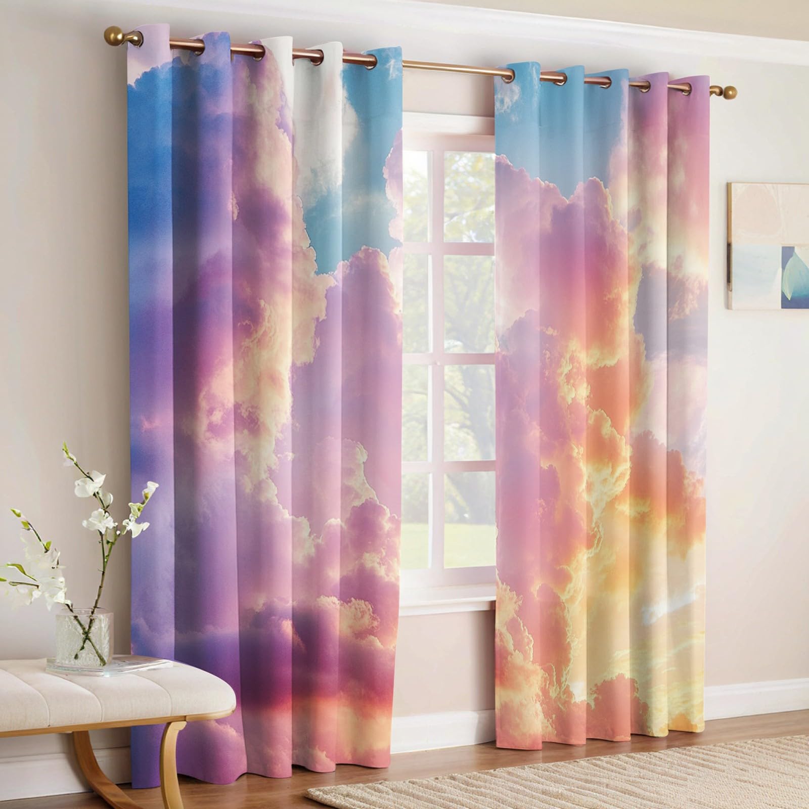 Rideaux Occultants Nuages du Coucher de Soleil Lot de 2 Opaques Thermiques et Phoniques avec Œillets, Imprimé 3D Abstrait pour Chambre Enfant, Salon ou Véranda 110L X 215H cm