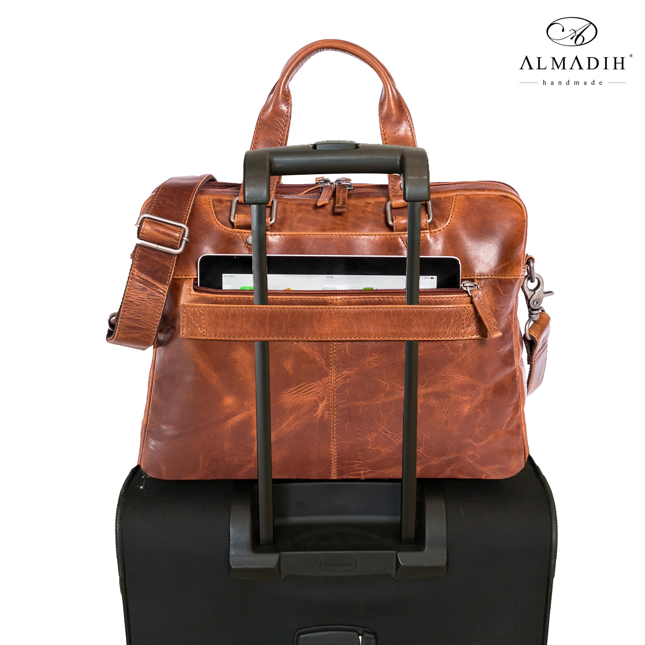 ALMADIH Luca - Maletín de piel para ordenador portátil, piel de vacuno premium, bolso de negocios, bolso de hombro, bolso de mano, bolso de mano, bolso de mano, bolso de mano