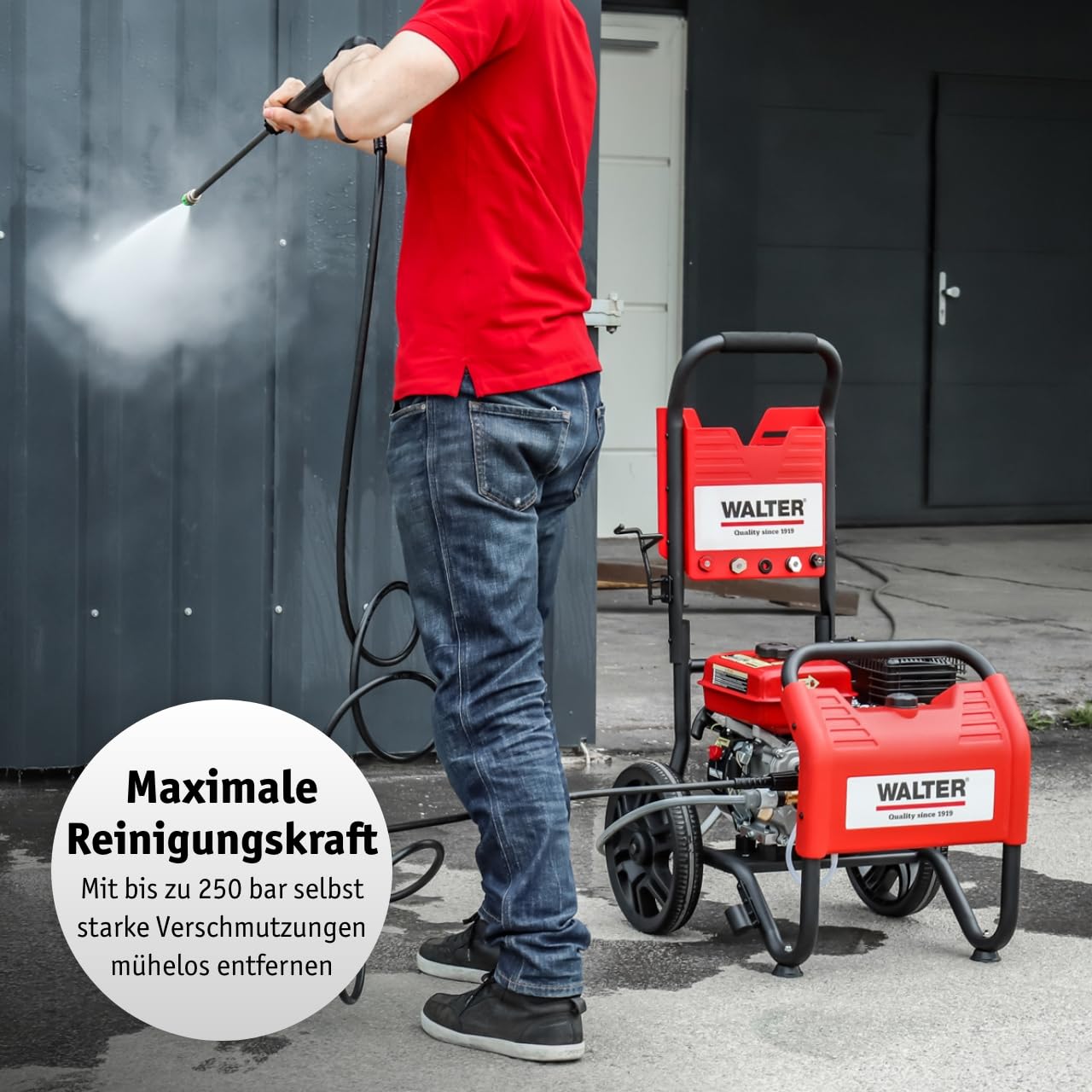 WALTER Benzin Hochdruckreiniger, Terrassenreinger, 250 bar, 7 PS Viertaktmotor, 208 CCM, inkl. Zubehör: 6m Hochdruckschlauch, 4m Ansaugschlauch, 5 Düsen, Vollgummiräder