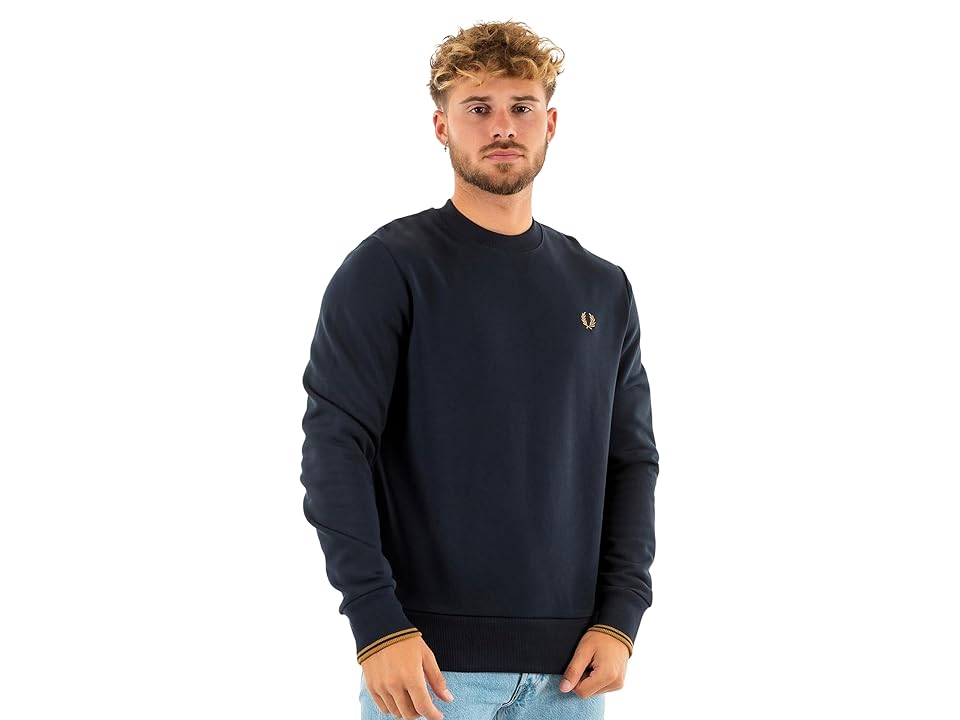 Fred Perry Crew Neck Sweatshirt (Navy/Dark Caramel) Men's Sweatshirt INTERNATIONAL SHIPPING