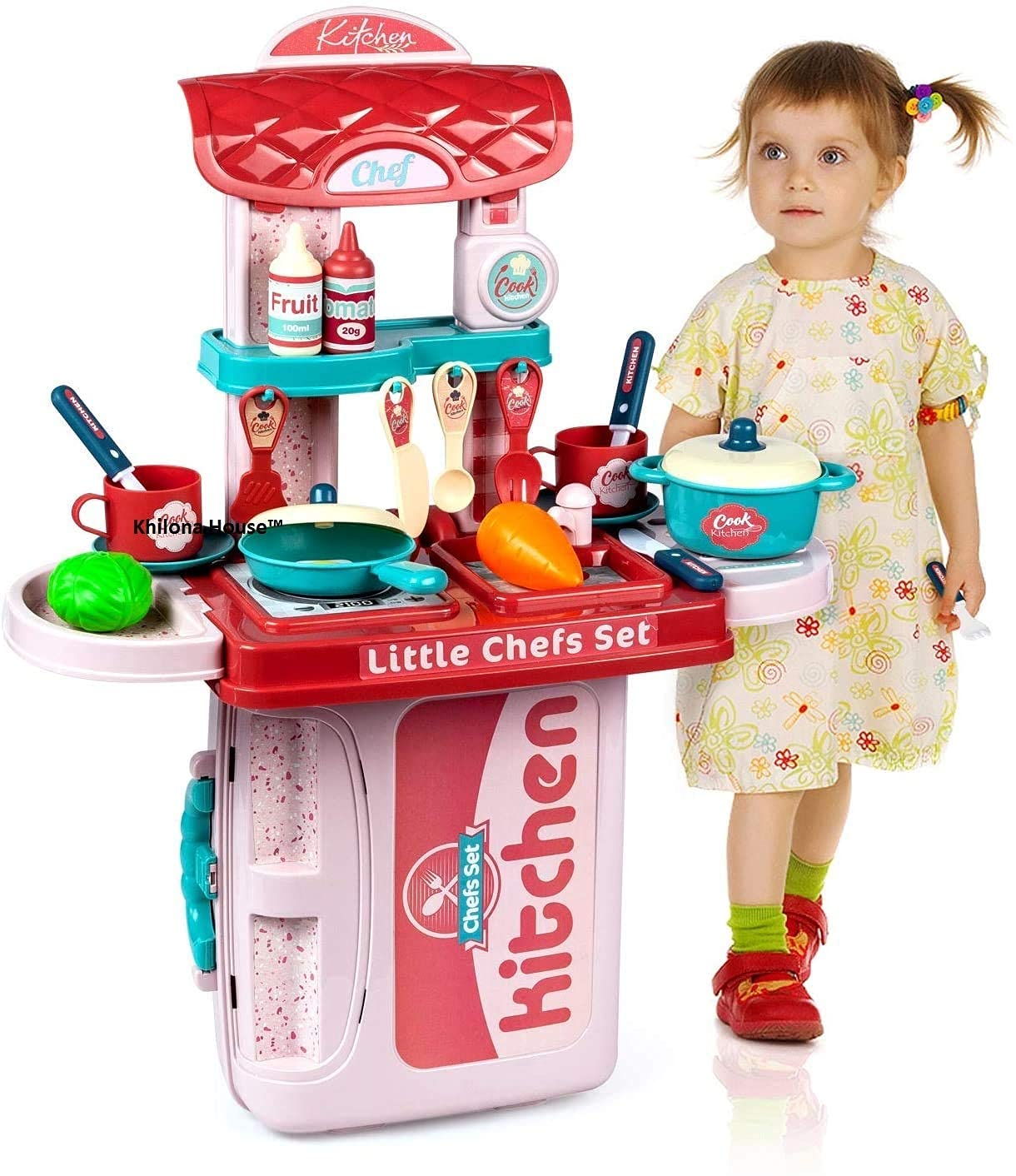 SELLMONK Plastic 3 in 1 Kitchen Suitcase for Kids Mini Kitchen Play Set Portable Cooking Suitcase Toys Mini Kitchen Play Set for Kids Girls-Multi Color