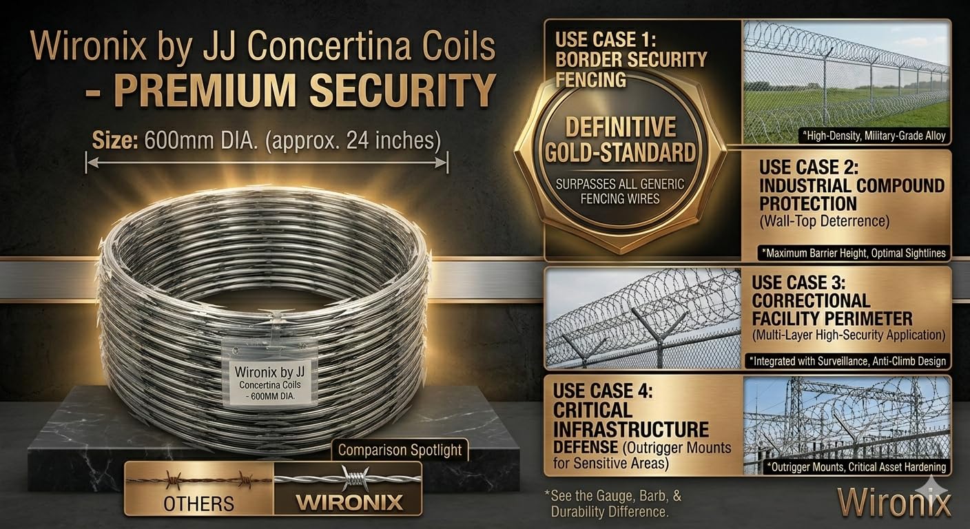 WIRONIX BY JJ Concertina Coils 600 MM Dia for boundry Wall and Property Safety Fencing Wires for Security Use in Border Security | Openable 6 Meters Approx. 50 Rounds